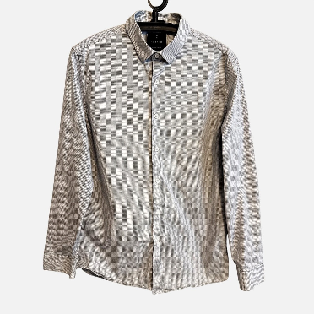 01.ALGO Mens Slim Fit Stretch Button Shirt M Geometric Print Casual Office